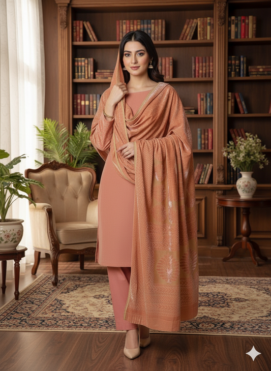 3 piece winter Palachi Shawl with dhanak  Marina shirt and trousee ( pink  ) FD2