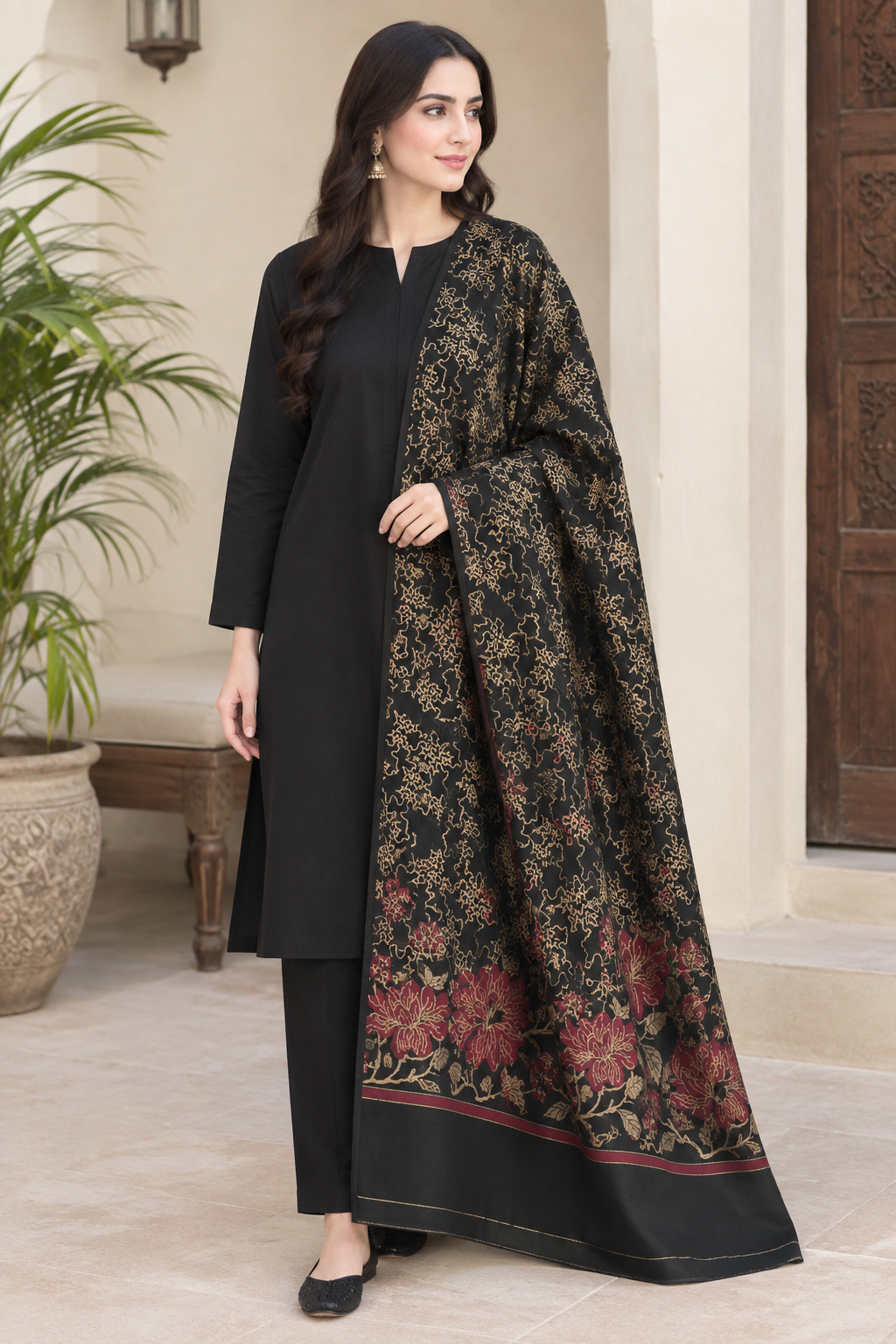3 piece winter wool  jacquard    Shawl with  plain zariline marina  shirt trouser   (black 2 )