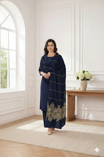 Lawn 3 piece with light weight Jacquard shawl    BSLa3 blue