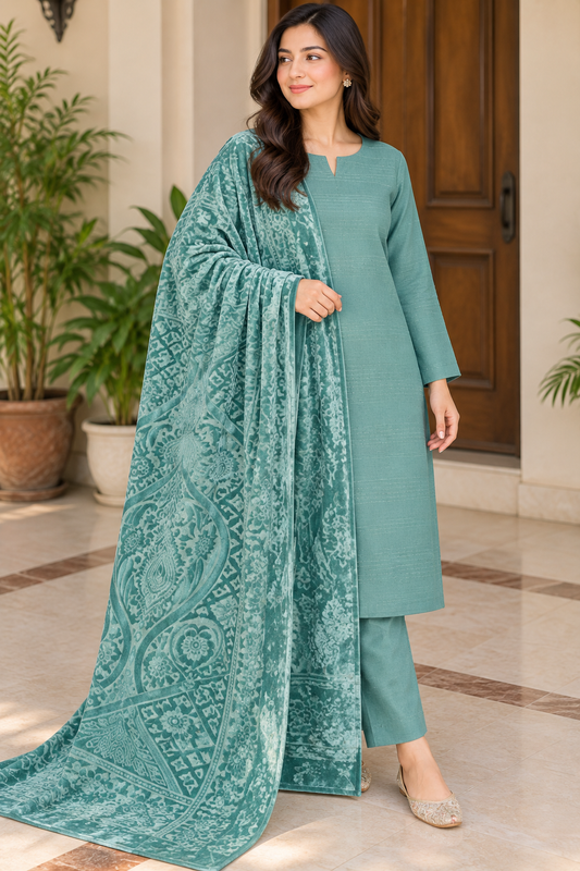 3 piece winter Palachi Shawl with  zariline  Marina  shirt & Trouser (muted teal green  ) CD