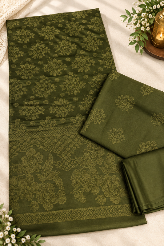3PC MARINA ZARI VELVET  MOTIVEVERY SOFT PREMIUM QUALITY WINTER COLLECTION (MEHNDI GREEN)
