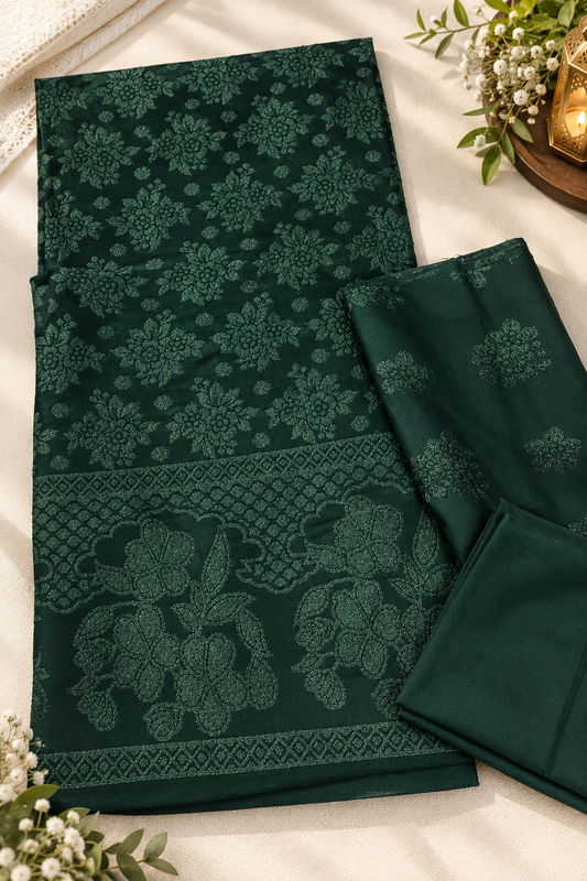 3PC MARINA ZARI VELVET  MOTIVEVERY SOFT PREMIUM QUALITY WINTER COLLECTION (deep green colour)