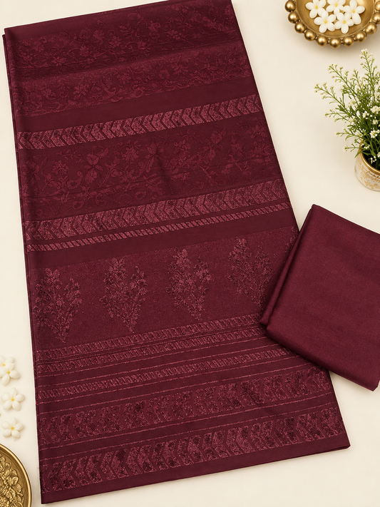 3PC MARINA VELVET SHAWL WITH ZARILINE SHIRT TROUSER (d.mahroon )