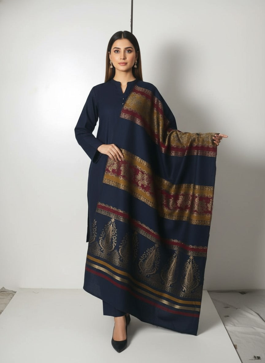 3 piece winter wool  Banarsi   Shawl with plain Dhanak  Marina  shirt & Trouser (Navy blue leaf)