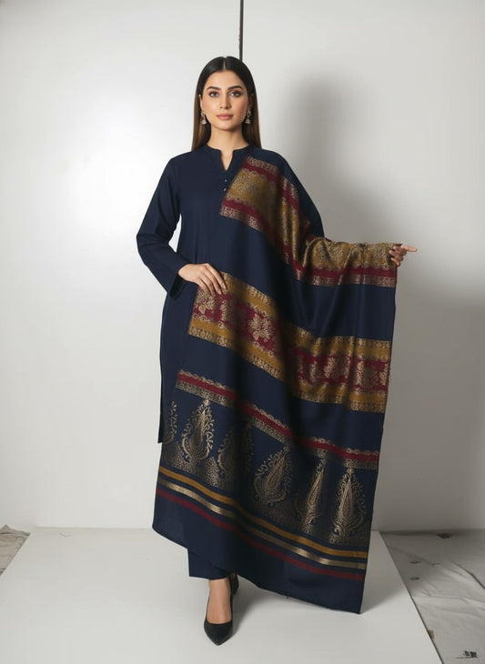 3 piece winter wool  Banarsi   Shawl with plain Dhanak  Marina  shirt & Trouser (Navy blue leaf)