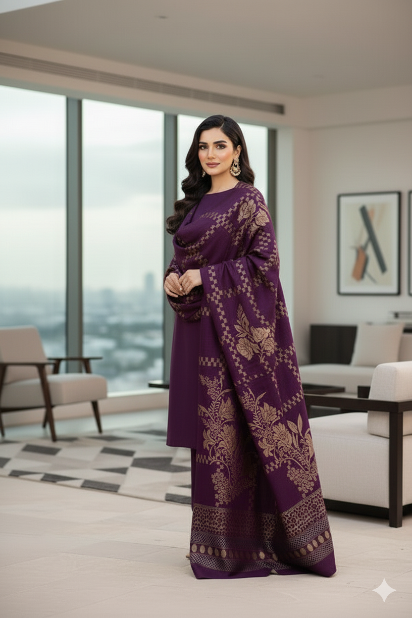 3 piece winter wool  jacquard    Shawl with  plain shirt and  trouser  Marina   (purple)