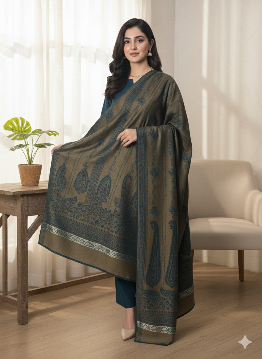 3 piece winter wool  jacquard    Shawl with  plain Marina shirt and  Trouser  (zink 8.5  )