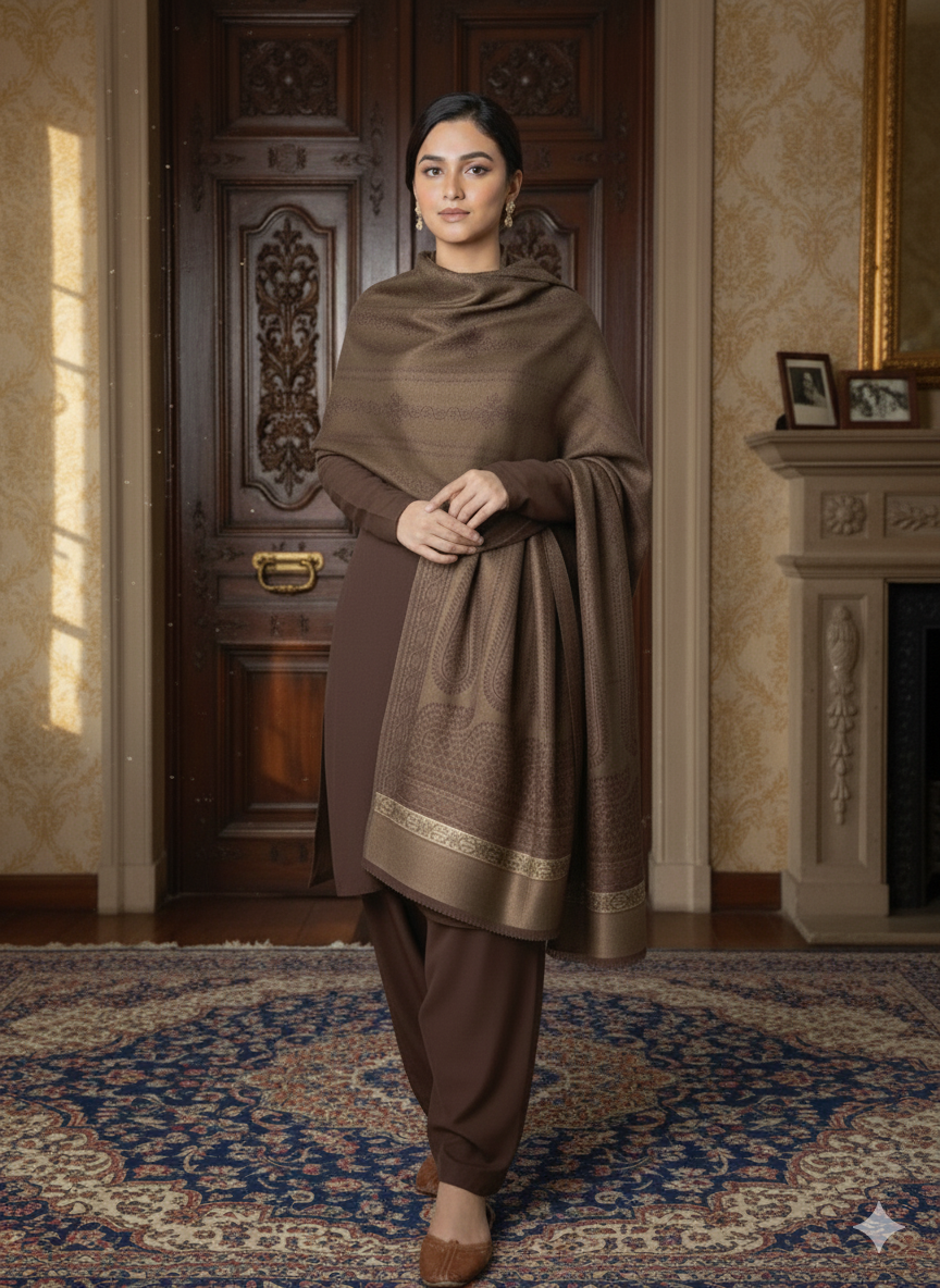 3 piece winter wool  jacquard    Shawl with  plain Marina shirt and  Trouser  (chocolate brown 8.5  )