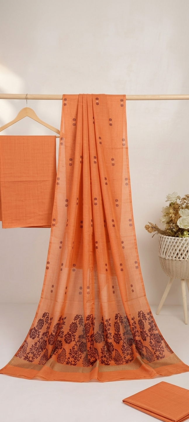 Lawn 3 piece with light weight Jacquard shawl  peach