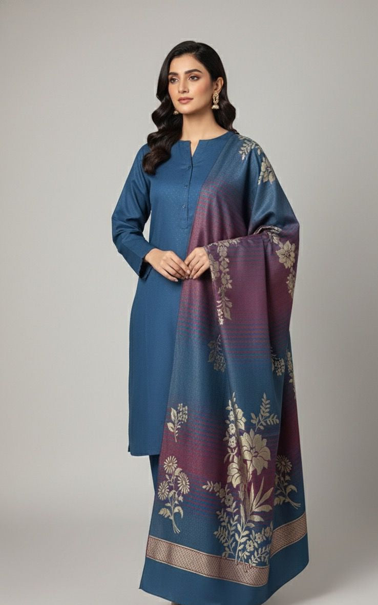3 piece winter wool  jacquard    Shawl with   plain  Marina   (zink2)