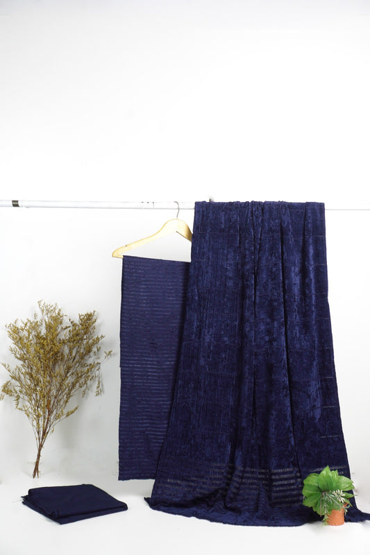 ALPINE ZARI VELVET MARINA DHANK 3PC CHECK VELVET (BLUE)