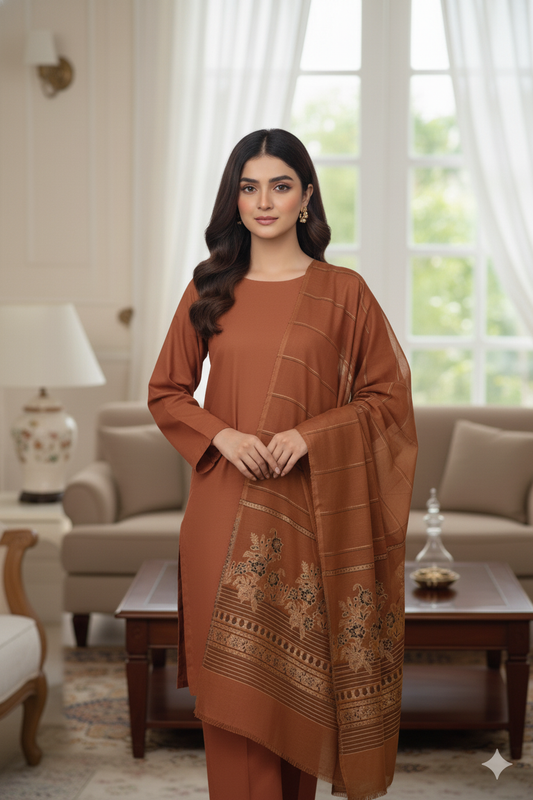 Lawn 3 piece with light weight Jacquard shawl   RUST    BSLB1
