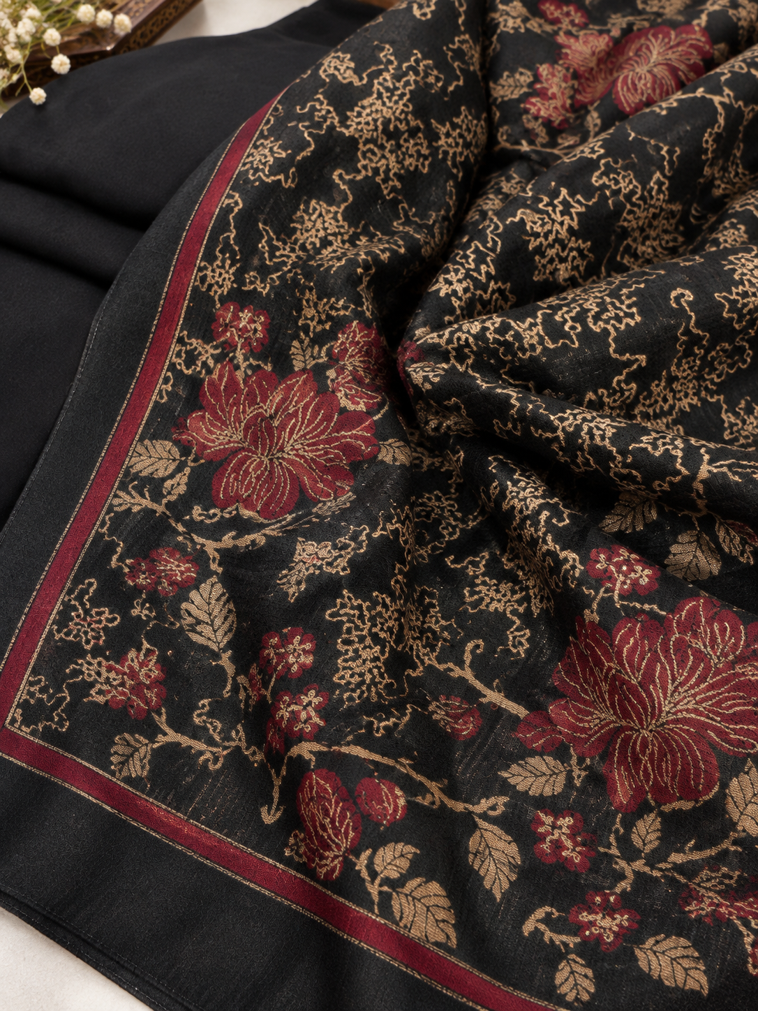 3 piece winter wool  jacquard    Shawl with  plain zariline marina  shirt trouser   (black 2 )