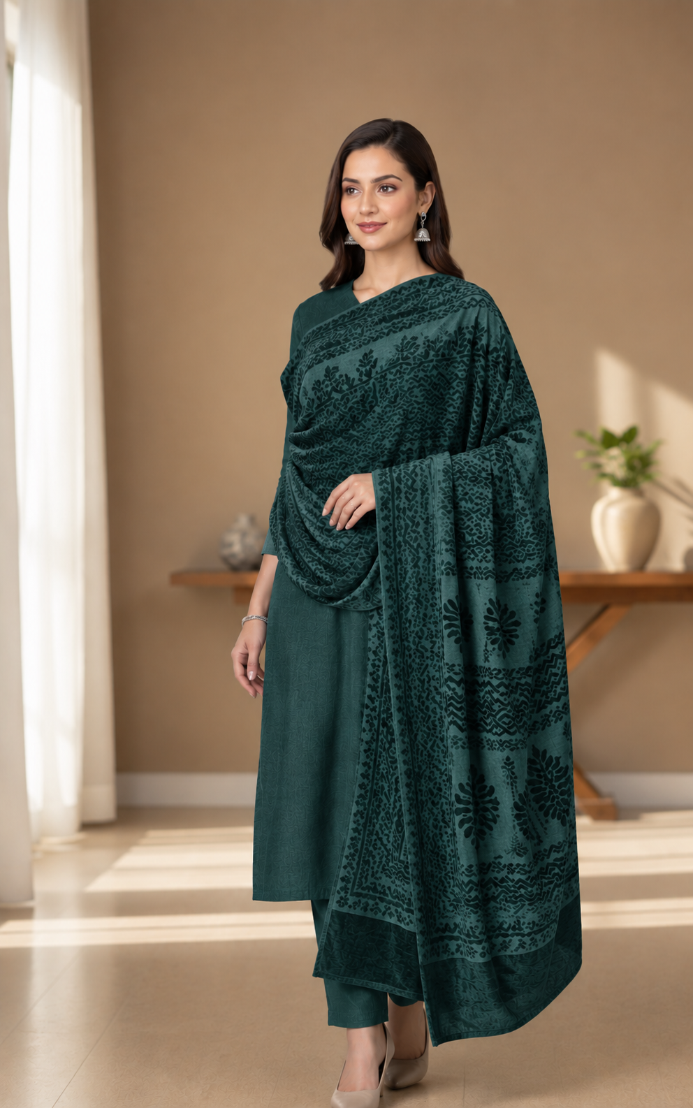 3 piece winter Palachi Shawl with  zariline  Marina  shirt & Trouser (sea green   ) CD