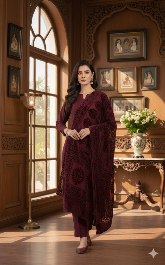 3 piece winter Palachi Shawl with Plain  Marina shirt and trouser (maroon ) OD