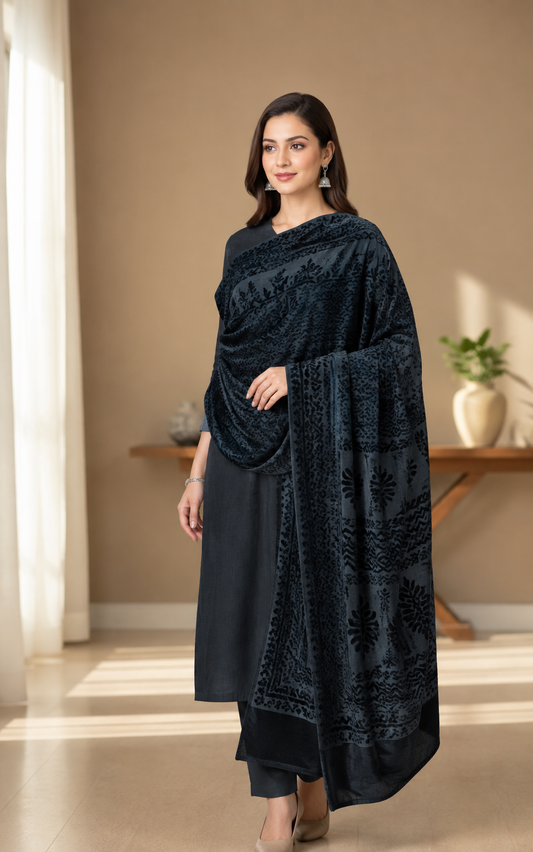 3 piece winter Palachi Shawl with  zariline  Marina  shirt & Trouser (greyish blue  ) CD