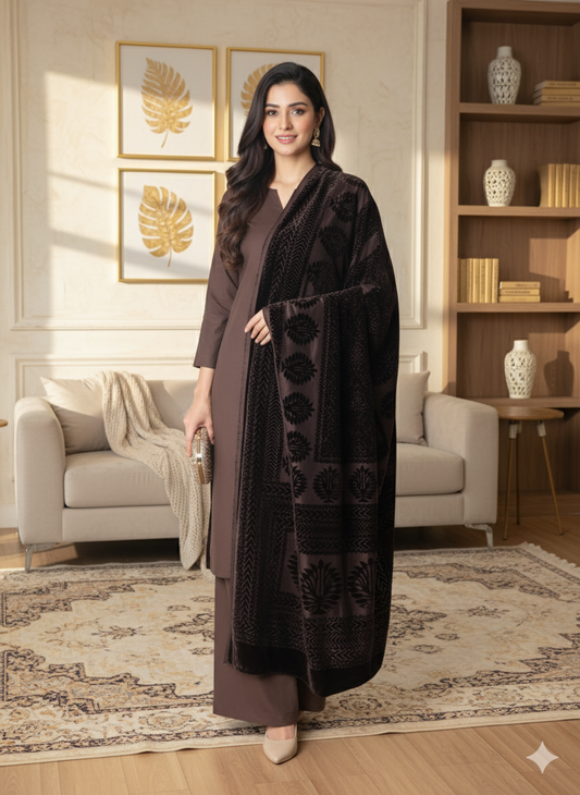 3 piece winter Palachi Shawl with  plain dhanak  marina Shirt& trouser (chocolate  Brown)