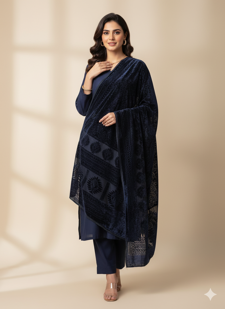 3 piece winter Palachi Shawl with plain dhanak marina  shirt & Trouser (Navy Blue ) FC