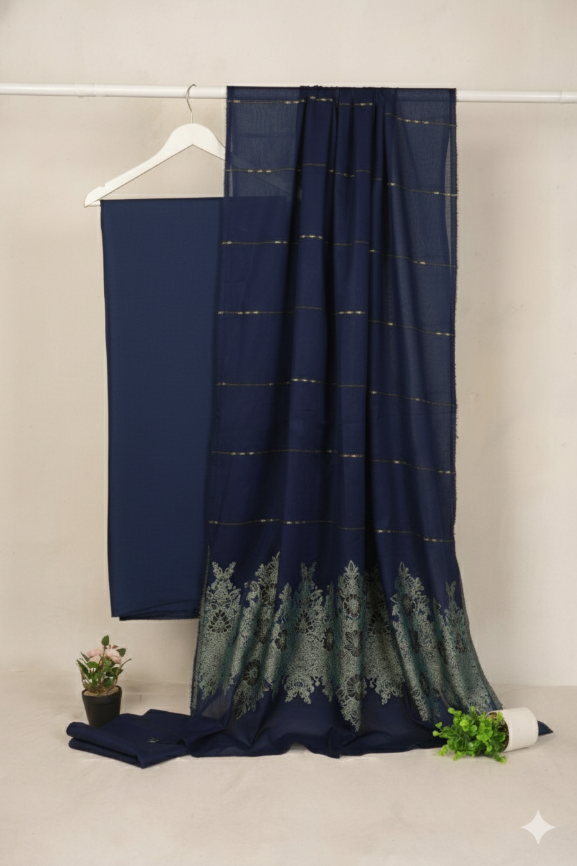 Lawn 3 piece with light weight Jacquard shawl    BSLa3 blue