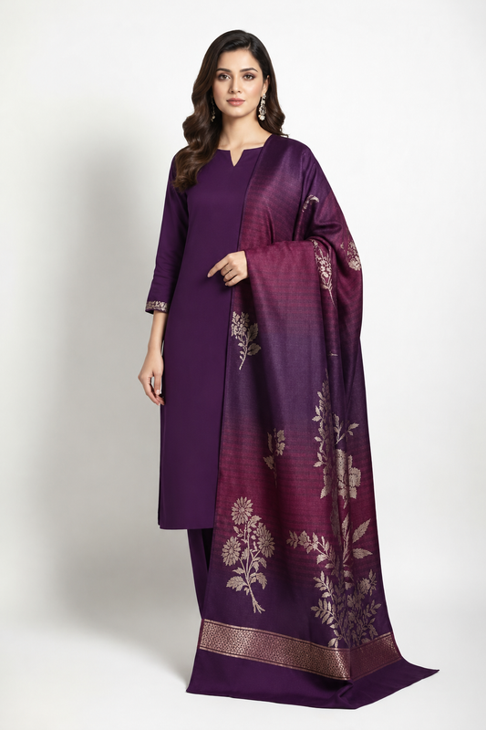3 piece winter wool  Banarsi doule sided  Shawl with Zariline Marina  shirt & Trouser (purple )