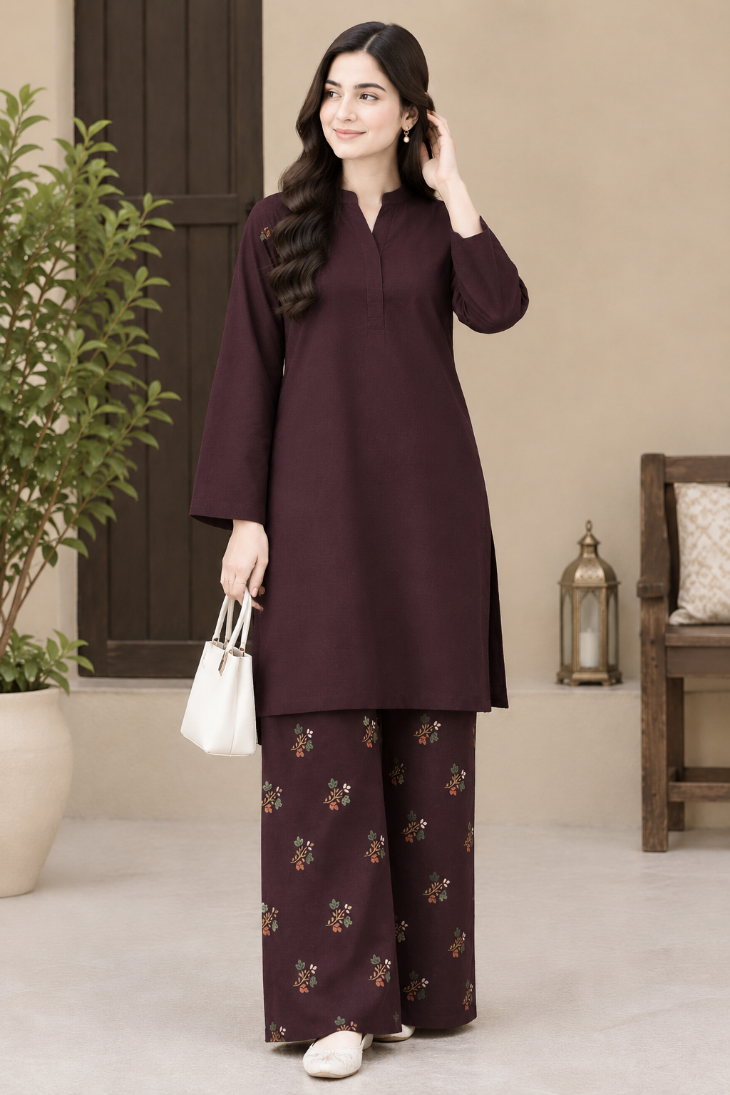 2 piece winter lakhani dhanak marina  plian shirt with printed trouser  (  dark plum brown)