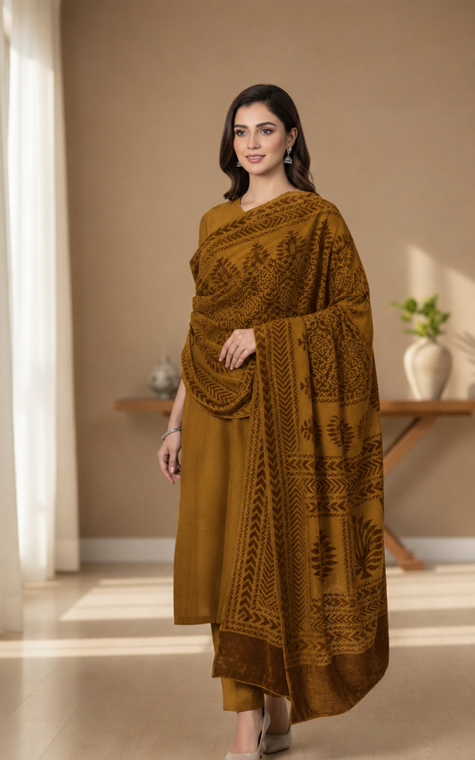 3 piece winter Palachi Shawl with  zariline  Marina  shirt & Trouser (mustard brown ) CD
