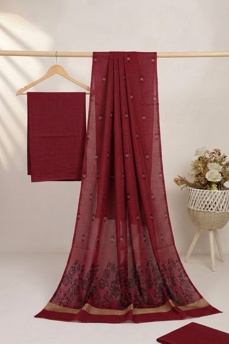 Lawn 3 piece with light weight Jacquard shawl  mahroon