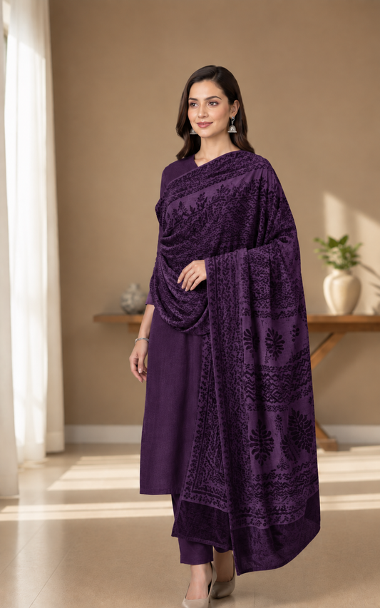 3 piece winter Palachi Shawl with plain   Dhanak Marina shirt & Trouser (PURPLE )