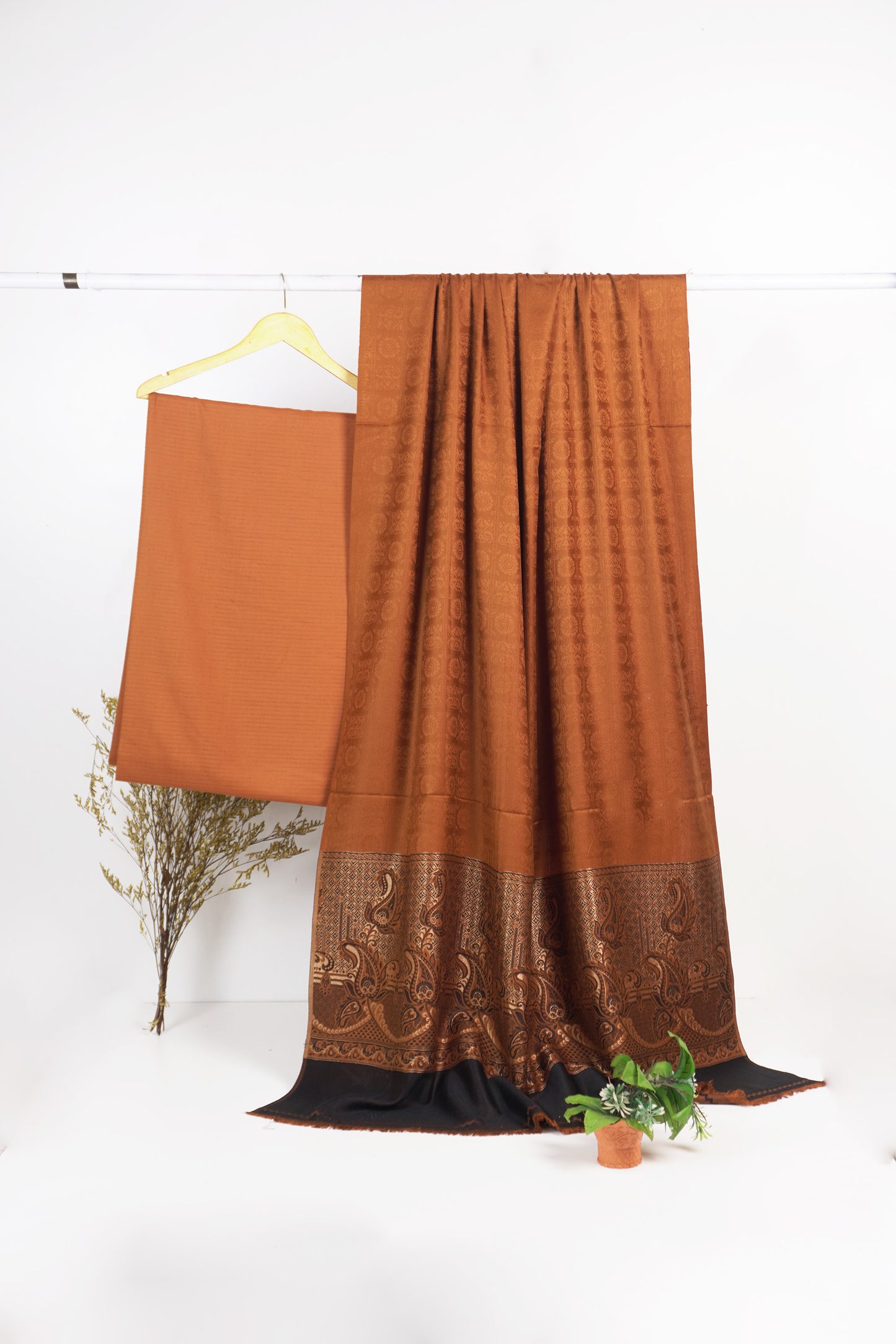 3  piece marina with  banarsi wool shawl (Rust )