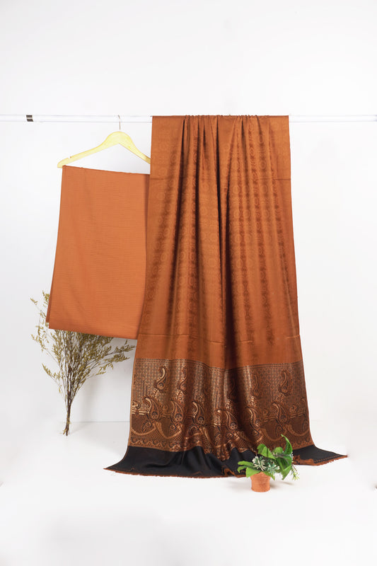 3  piece marina with  banarsi wool shawl (Rust )