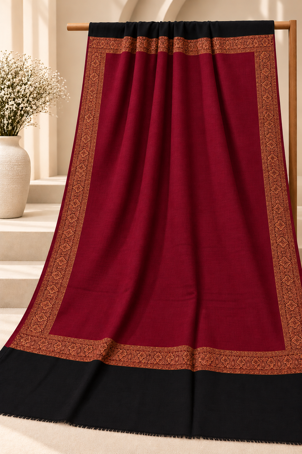 Jacquard Patchwork Maroon Border Shawl for Women – Pashmina Shawl For Girls ( Maroon )