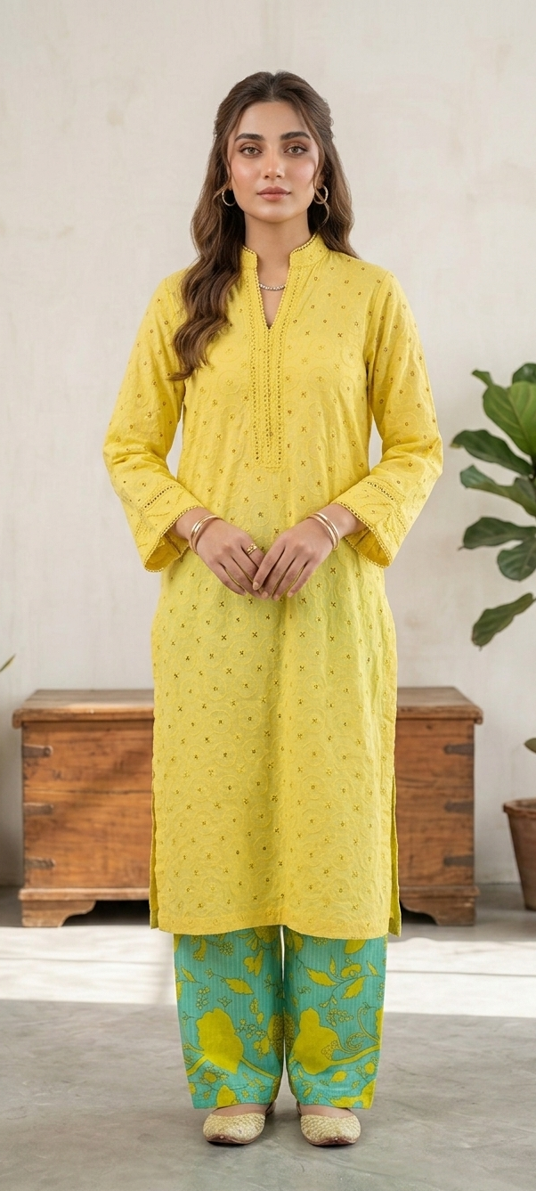 Unstithed Chicken booring shirt with printed trouser  yellow D21