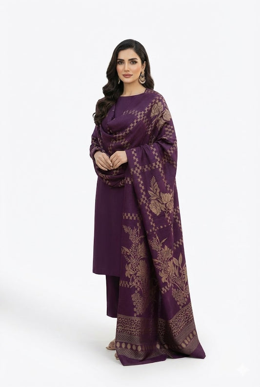 3 piece winter wool  jacquard    Shawl with  plain shirt and  trouser  Marina   (purple)