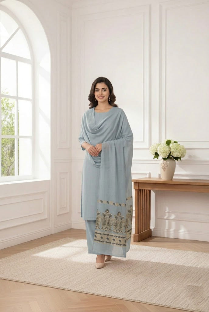 Lawn 3 piece with light weight Jacquard shawl light grey BSL28
