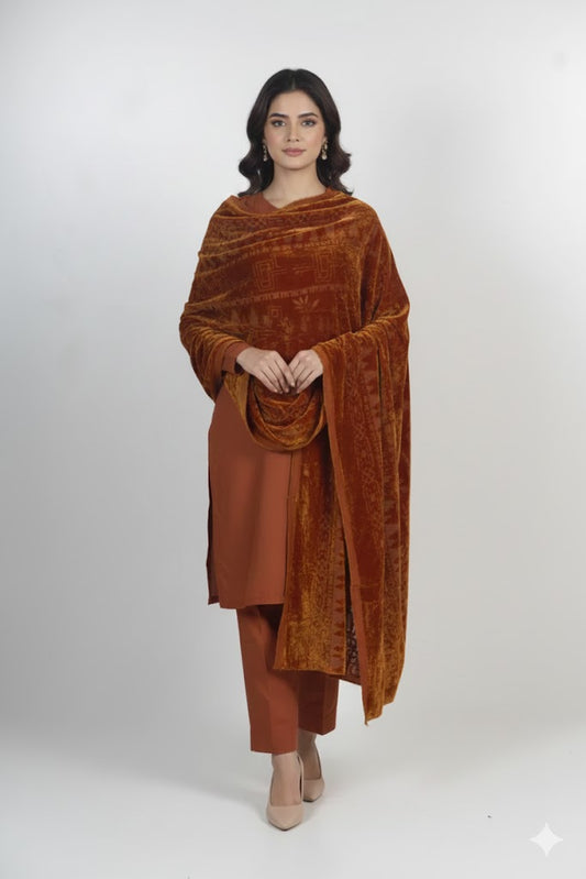 3 piece winter Palachi Shawl with Rice karandi shirt & Trouser (Rust ) FC
