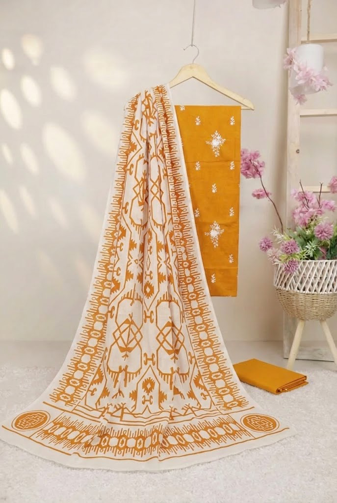 3 piece Lawn Embroided shirt with  digital printed dubatta yellow