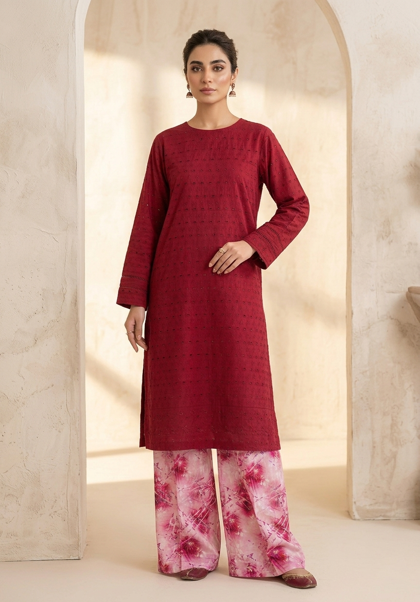 Unstithed Chicken booring shirt with printed trouser  RED D23