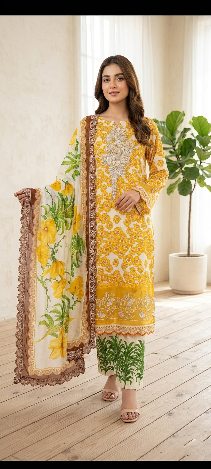 lawn printed 3 piece with patches and embroided Dubatta yellow