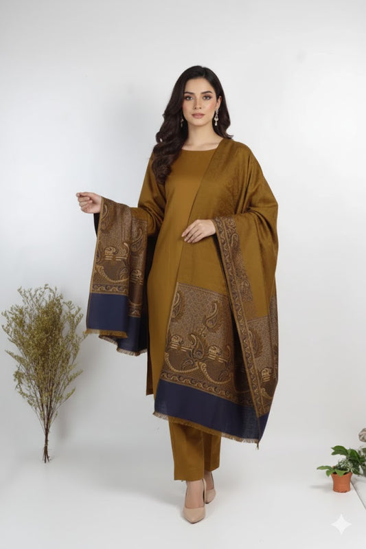 3  piece marina with  banarsi wool shawl (brown )