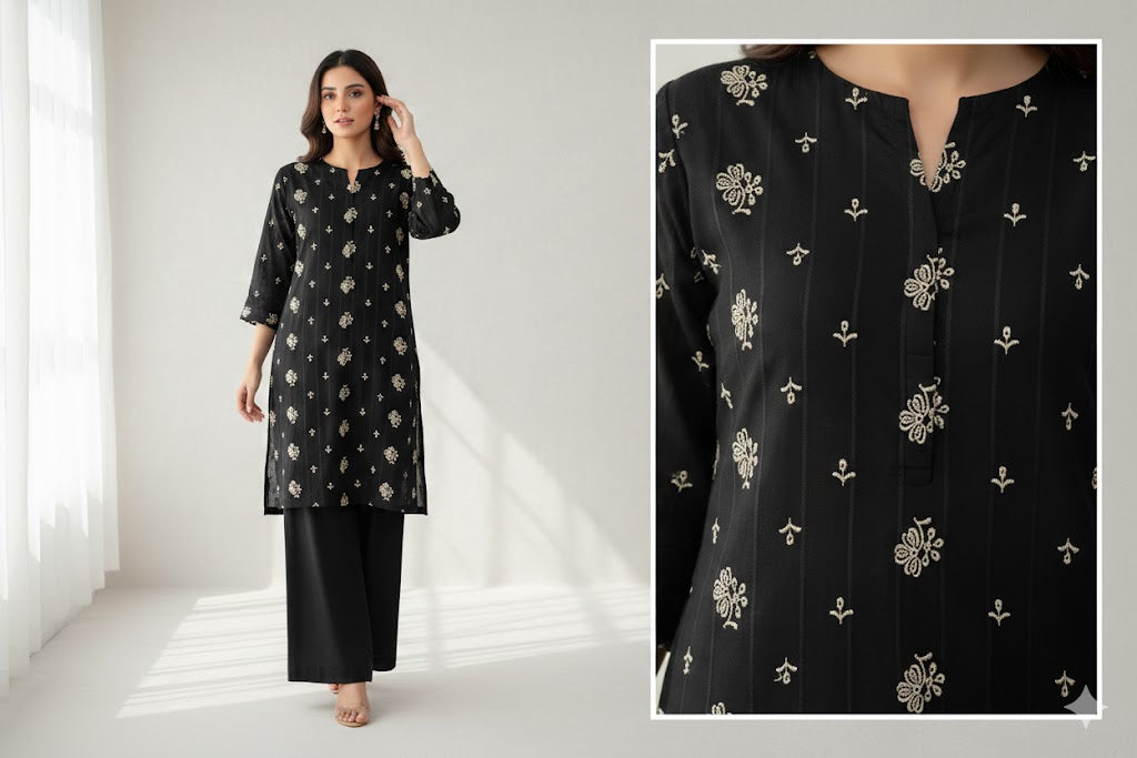 Lawn 2 piece embroidered boti needle work black EB5