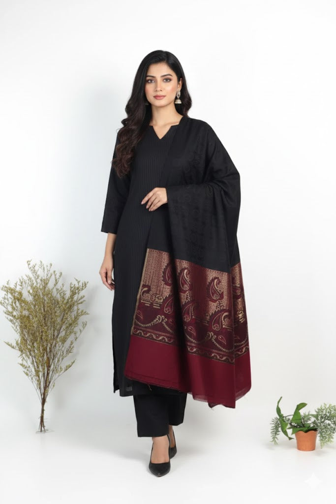 3  piece marina with  banarsi wool shawl ( Black )