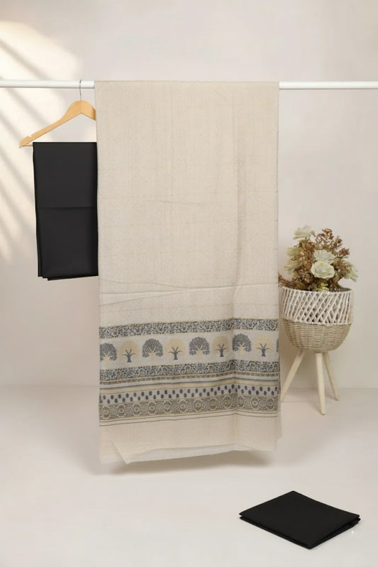 Lawn 3 piece with light weight skin Jacquard shawl  ( black)