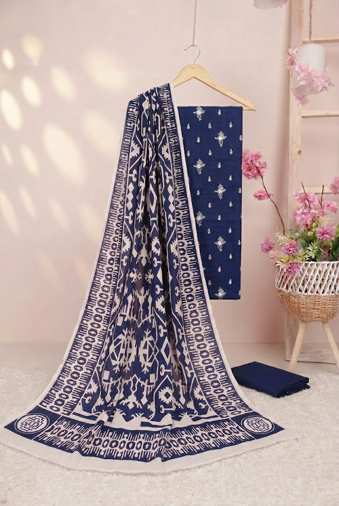 3 piece Lawn Embroided shirt with  digital printed dubatta  (navy blue)