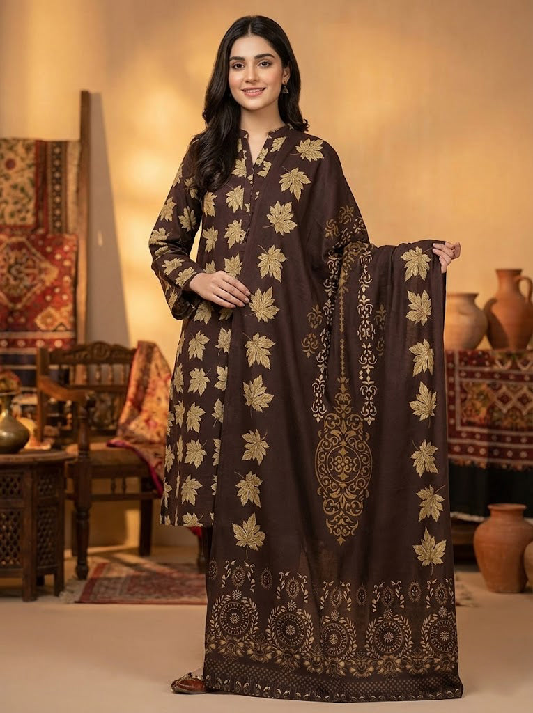 3Piece - Dhanak Lakhani Print  Suit Classic ( brown )