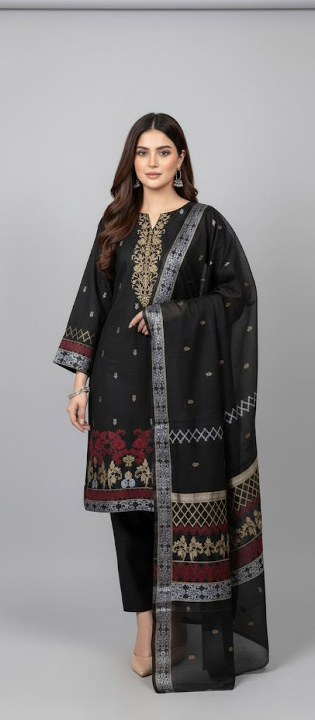 Lawn 3 piece with light weight Jacquard shawl  black DN8