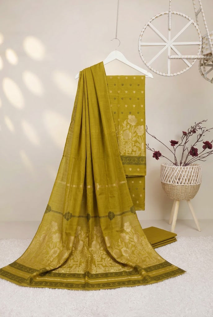 Lawn 3 piece with light weight Jacquard shawl  olive-gold.