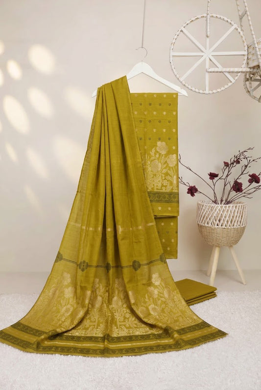 Lawn 3 piece with light weight Jacquard shawl  olive-gold.