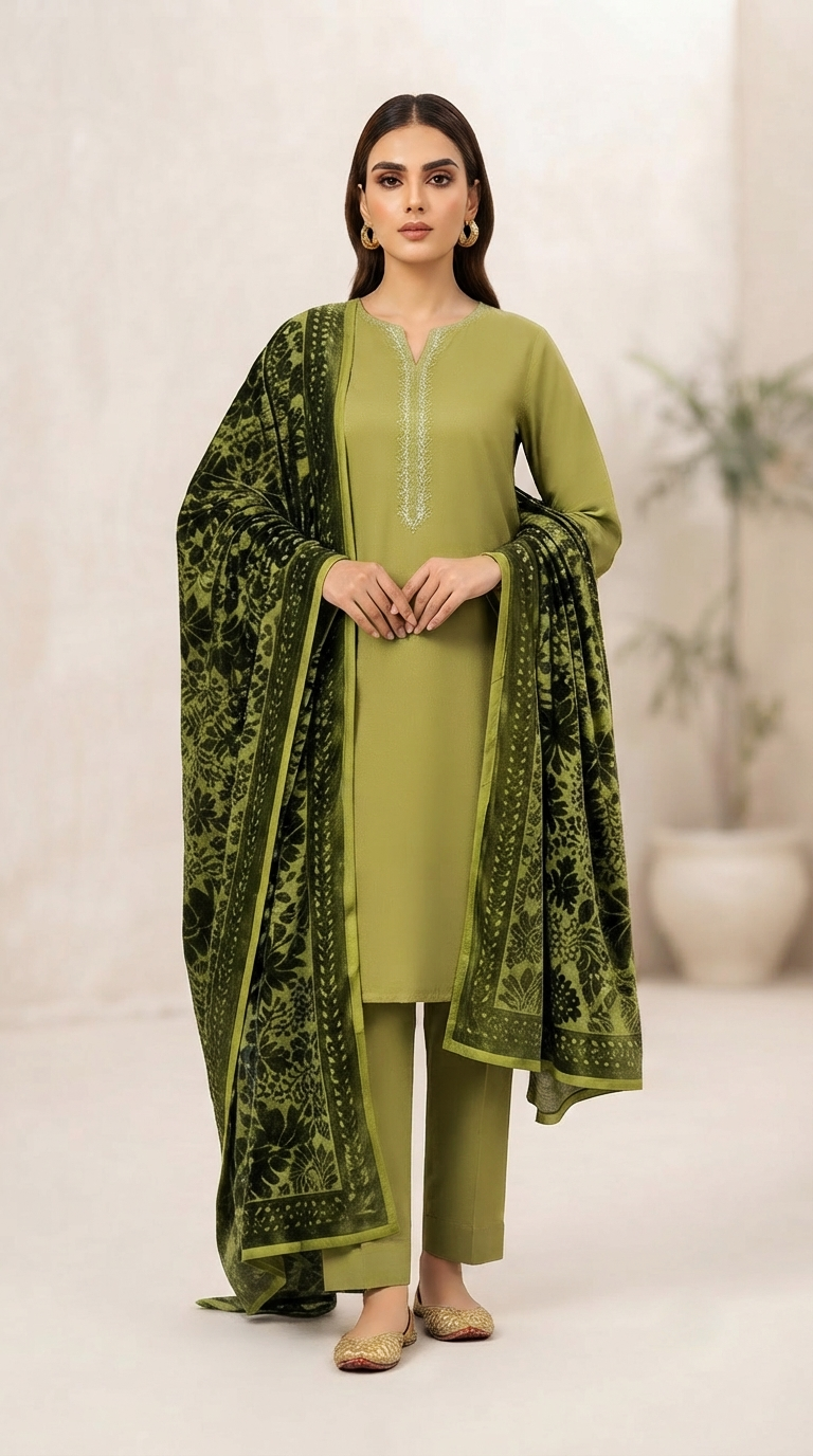 3 piece winter Palachi Shawl with Plain  Marina shirt and trouser (green)