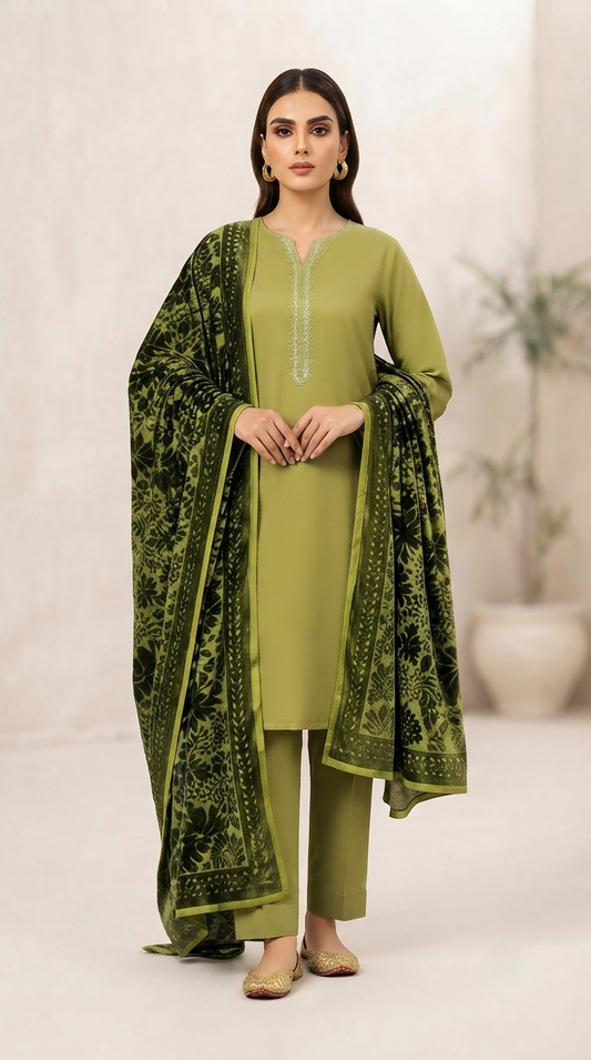 3 piece winter Palachi Shawl with Plain  Marina shirt and trouser (green)