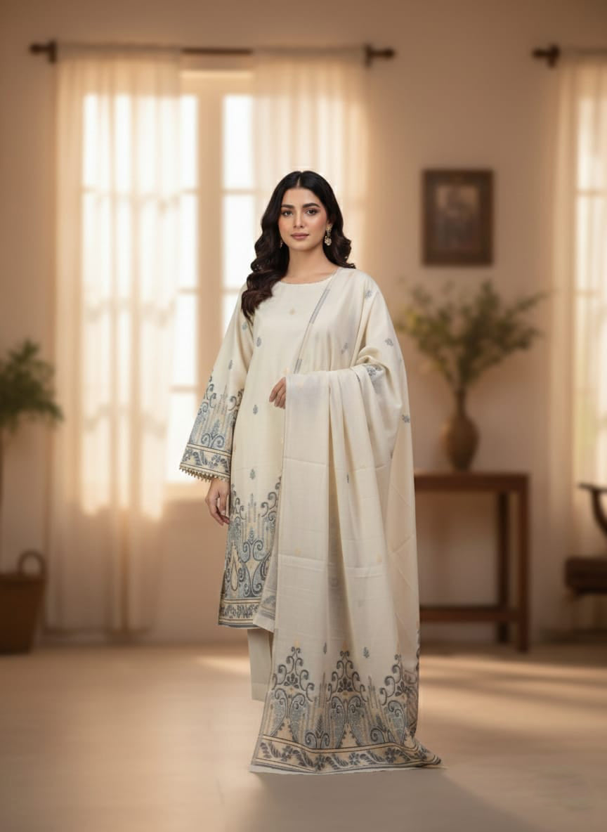 Lawn 3 piece with light weight Jacquard shawl  W.black